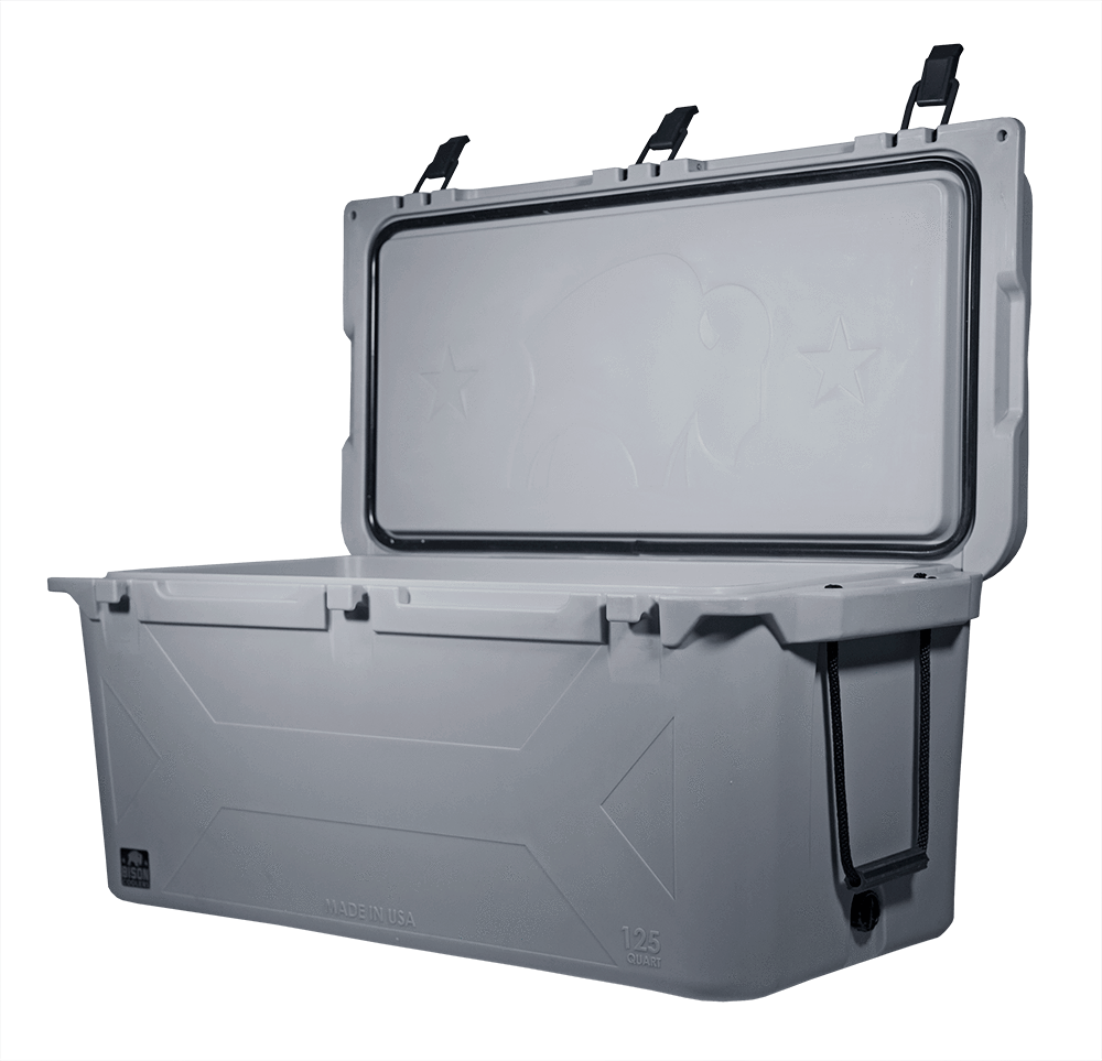 The 125 Quart Bison Cooler comes in White, Sand or Gray Granite