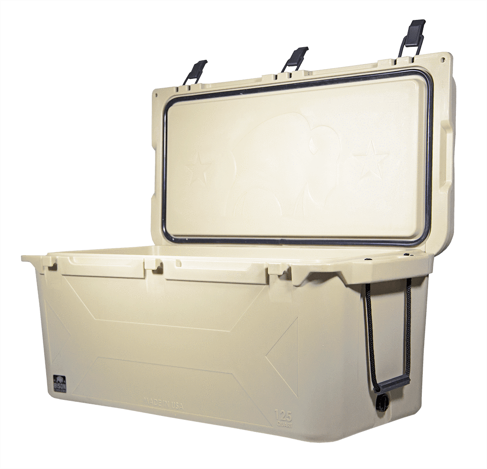 The Sand 125 Qt. Bison Cooler is Made in USA. Rotomolded Coolers © 2017 Bison Coolers